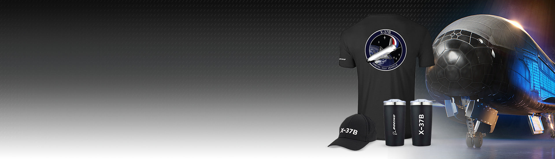 X-37B merchandise with a t-shirt, hat and tumblers, featuring the Program Spacecraft.