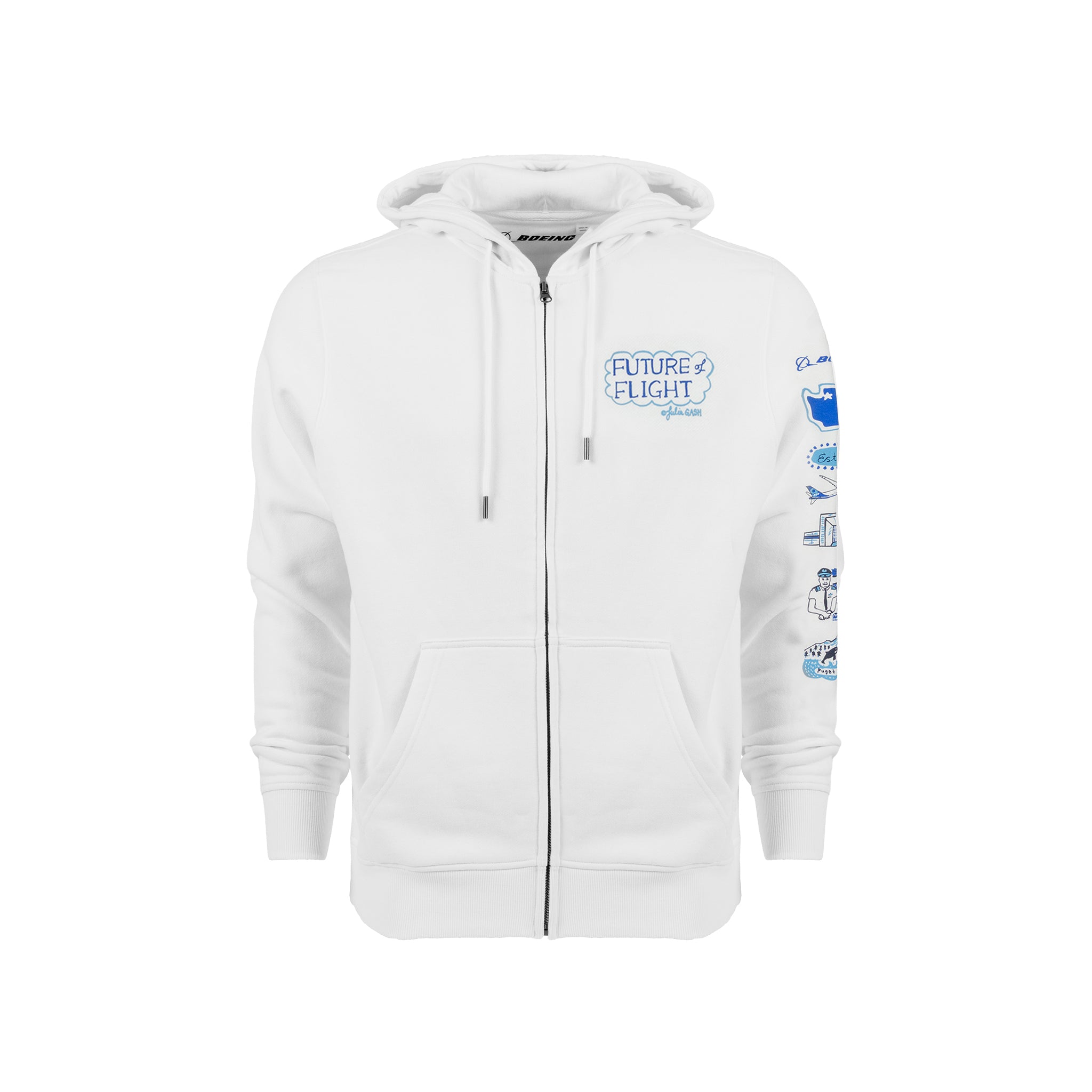 The Boeing Future of Flight Destination Unisex Full-Zip Hoodie by BOEING features white fabric, blue aviation art on one sleeve, a small "FUTURE FLIGHT" chest logo, front pocket, and hood with drawstrings—design inspired by Julia Gash.