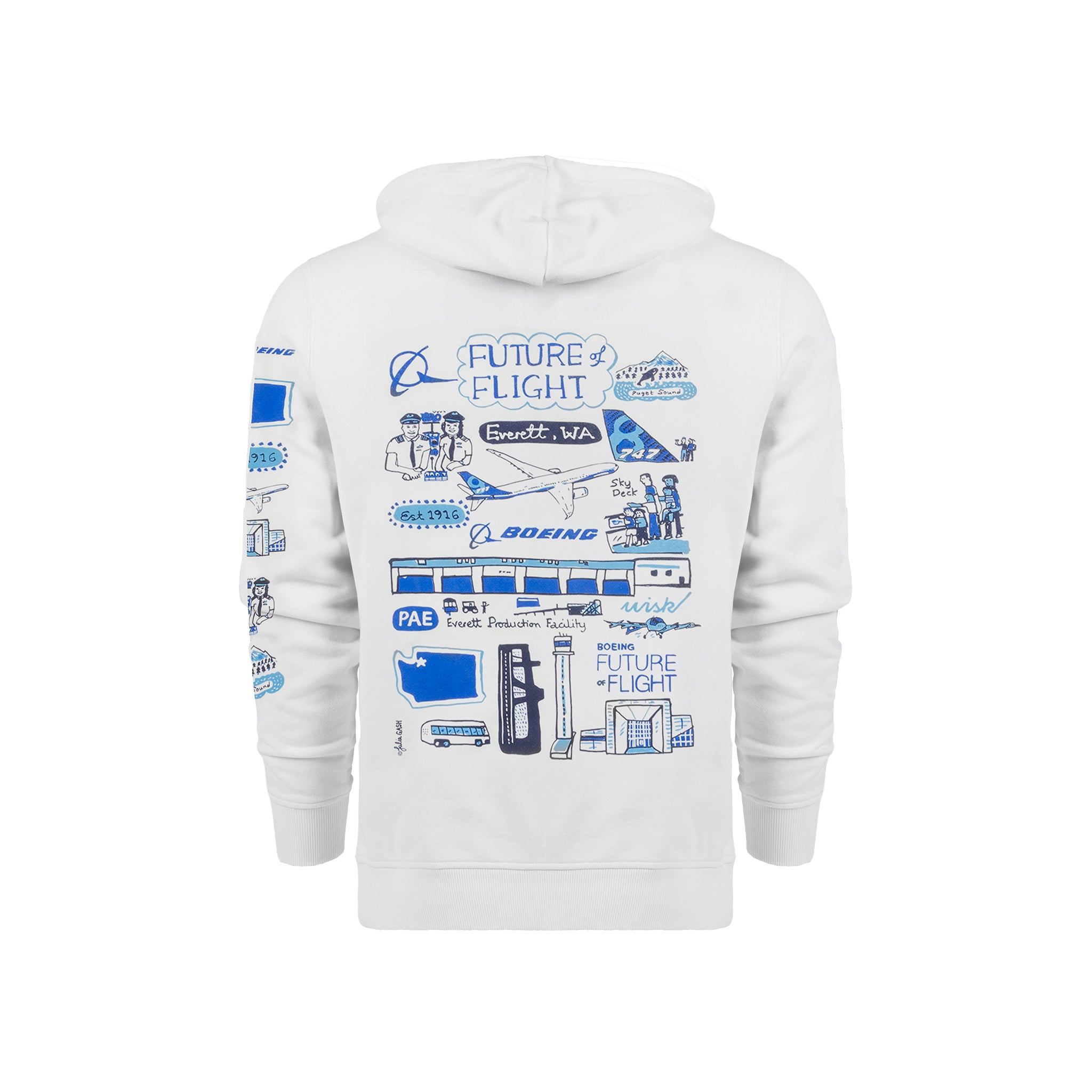The Boeing Future of Flight Destination Unisex Full-Zip Hoodie by BOEING features blue and black aviation-themed illustrations and "Future of Flight" text by Julia Gash on the back, with extra aviation art on the sleeves.