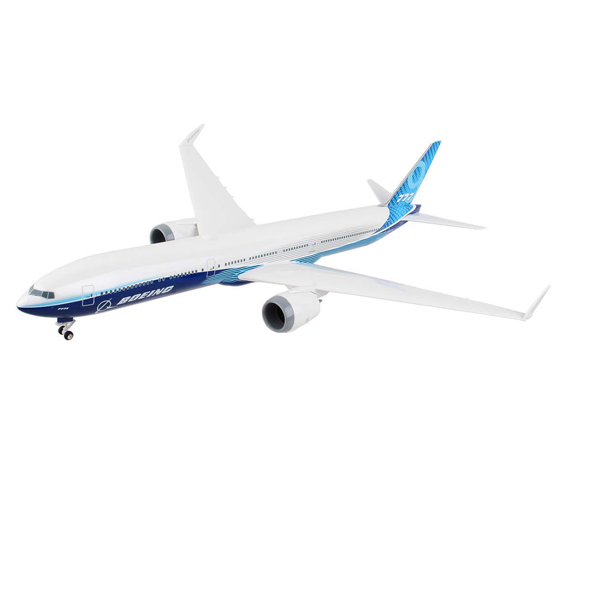 The Boeing Store’s Boeing Unified 777-9 Foldable Wing Tips 1:200 Model features folding wingtips, a blue and white livery with Boeing logo, and is displayed isolated on a white background.