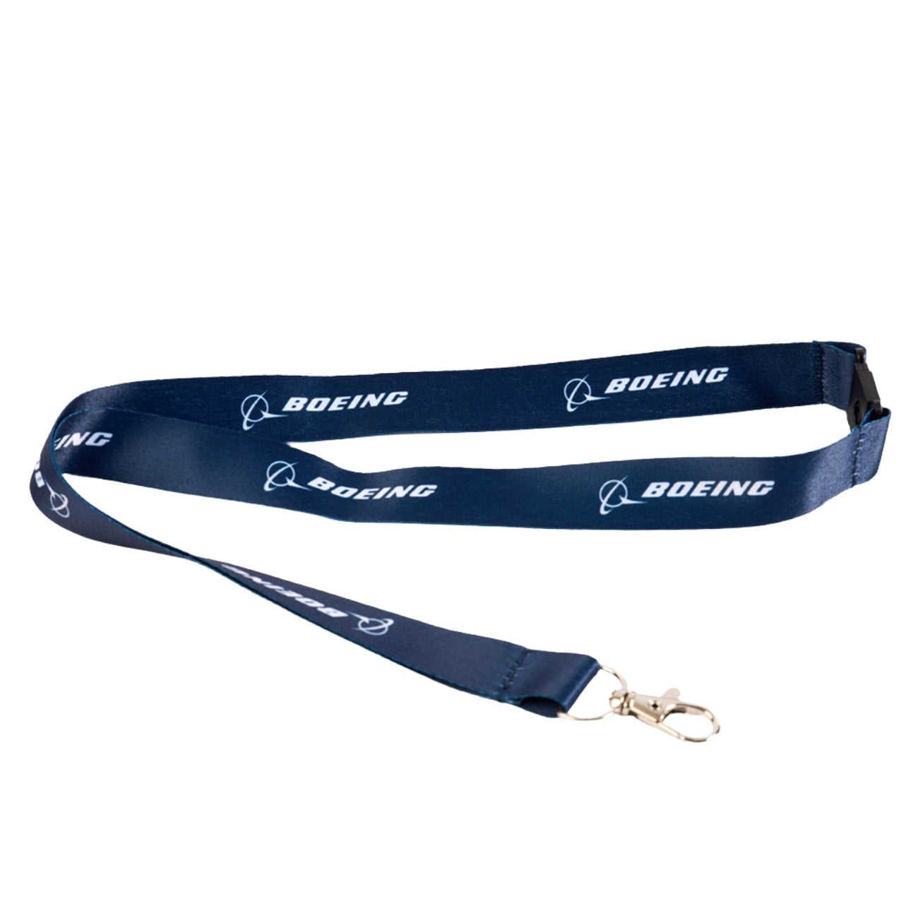 The Boeing Store's Boeing Sustainable Lanyard is made from recycled plastic bottles, features a navy blue color with the name in white, and includes a metal clasp for attaching items.