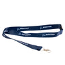 The Boeing Store's Boeing Sustainable Lanyard is made from recycled plastic bottles, features a navy blue color with the name in white, and includes a metal clasp for attaching items.