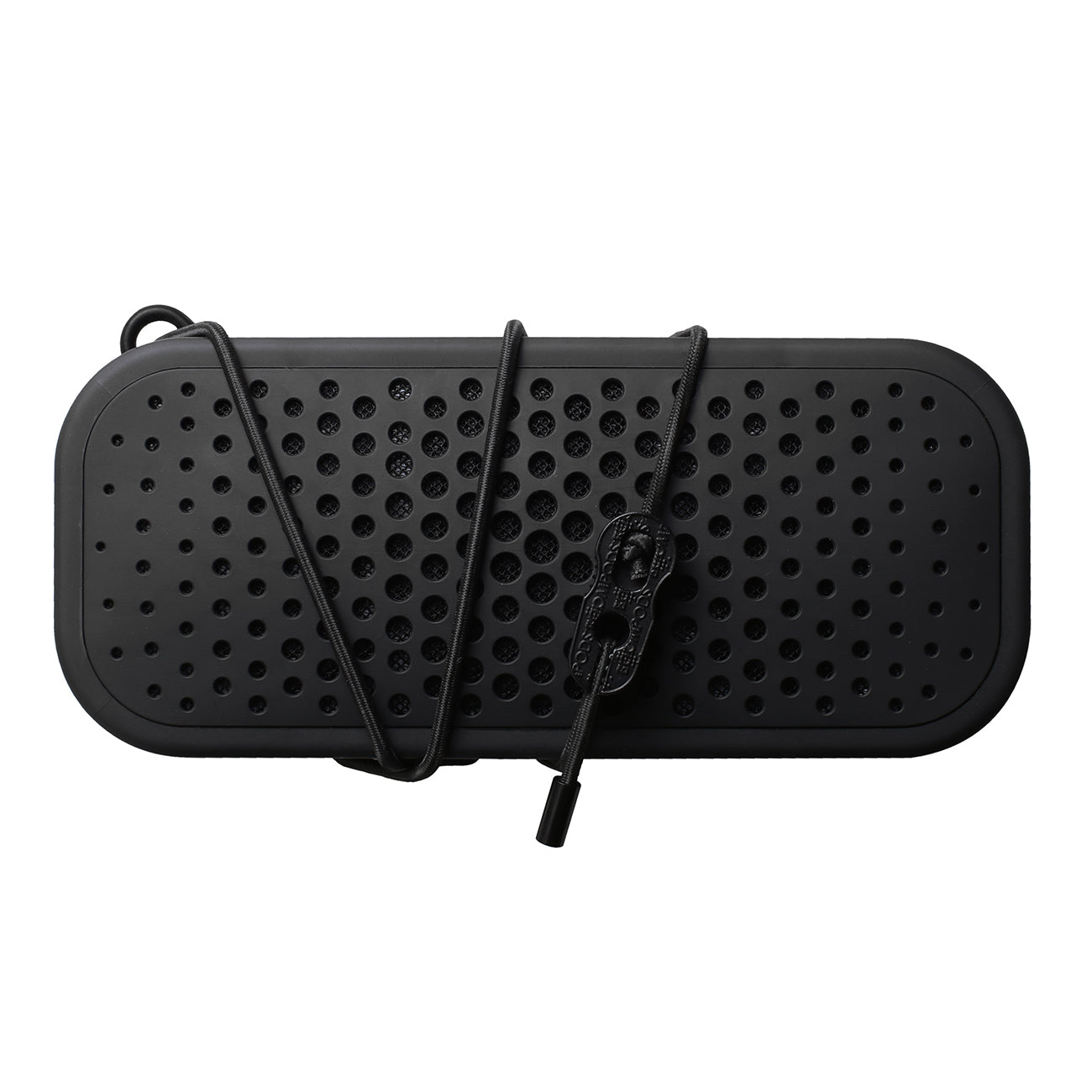 The Boeing Stores Boompods Blockblaster Speaker is a black, rectangular portable Hi-Fi wireless speaker with rounded edges, a perforated front grille, and a double-looped carrying strap with a small clip for added functionality.