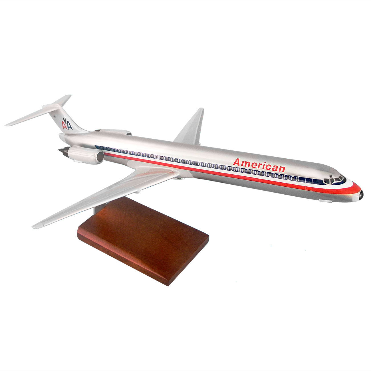 The Daron American Airlines Boeing MD-80 1:100 Model features a sleek silver design with red and blue accents, labeled American on the fuselage, and is mounted on a wooden base—an essential for collectors of classic passenger jet models.
