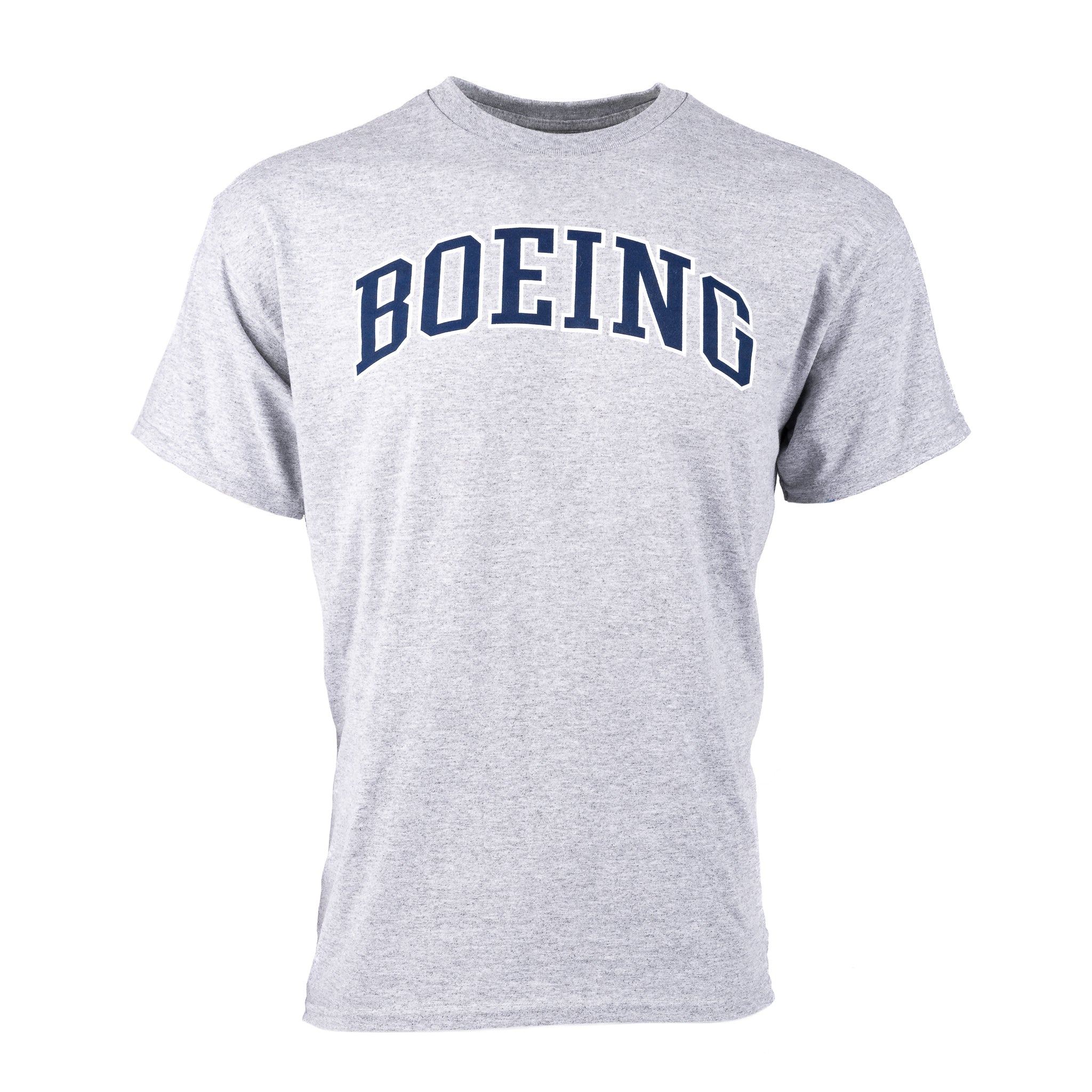 Adult grey t-shirt with navy Boeing varsity logo across the chest