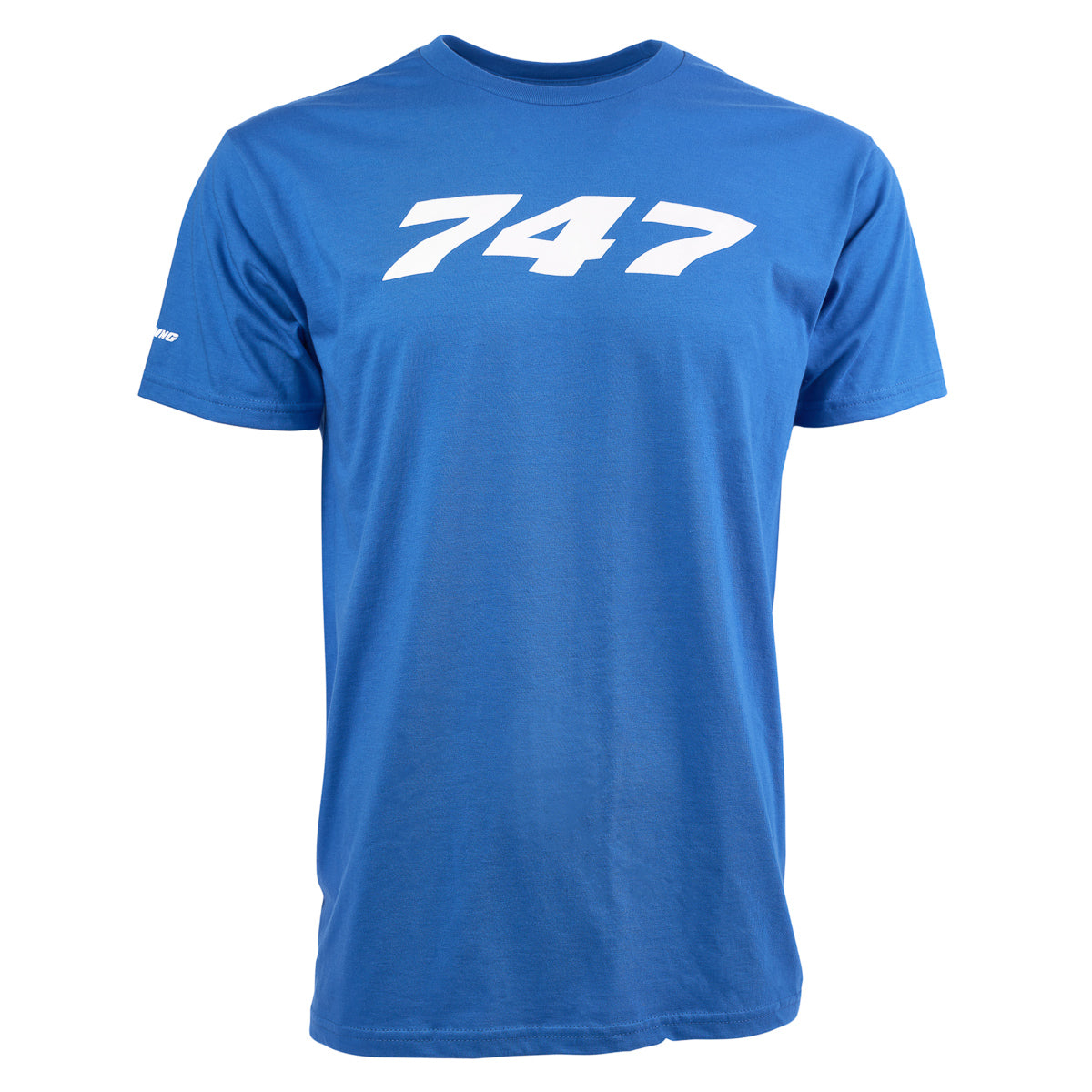 The Boeing Stores Boeing 747 Stratotype Unisex T-Shirt is blue, made from preshrunk cotton, and features large white 747 numbers on the front—a must-have for aviation enthusiasts.