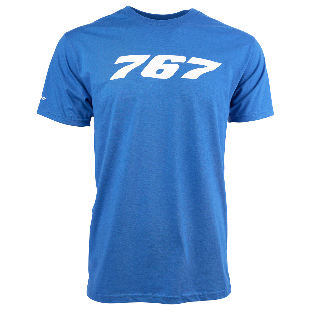 The Boeing Stores Boeing 767 Stratotype Unisex T-Shirt is a blue cotton shirt with the bold white number 767 on the chest. It has short sleeves and no additional design elements, making it ideal for aviation enthusiasts.