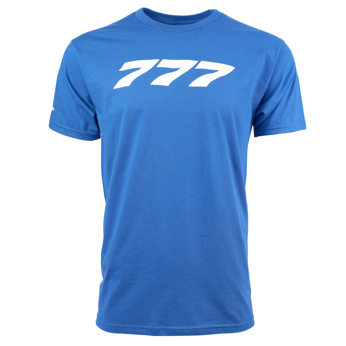 Boeing 777 Stratotype Unisex T-Shirt by The Boeing Store, featuring bold white 777 on a blue background, ideal for aviation enthusiasts.
