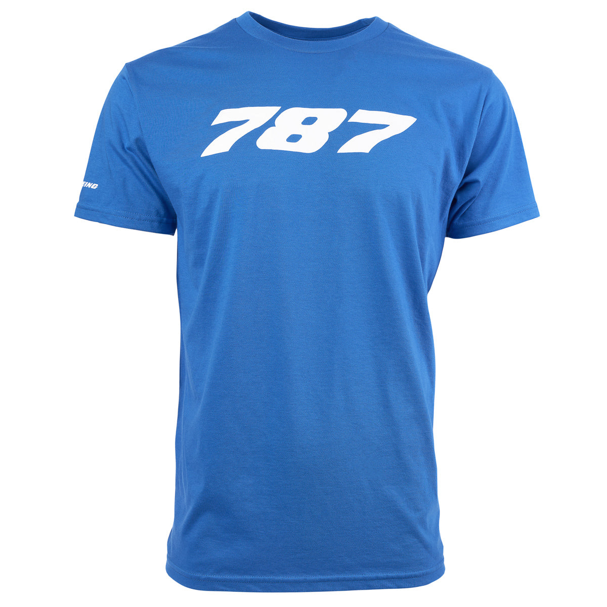 The Boeing Store presents the Boeing 787 Dreamliner Stratotype Unisex T-Shirt, a blue cotton short-sleeve featuring 787 in white on the front, perfect for aviation enthusiasts and crafted from soft fabric.