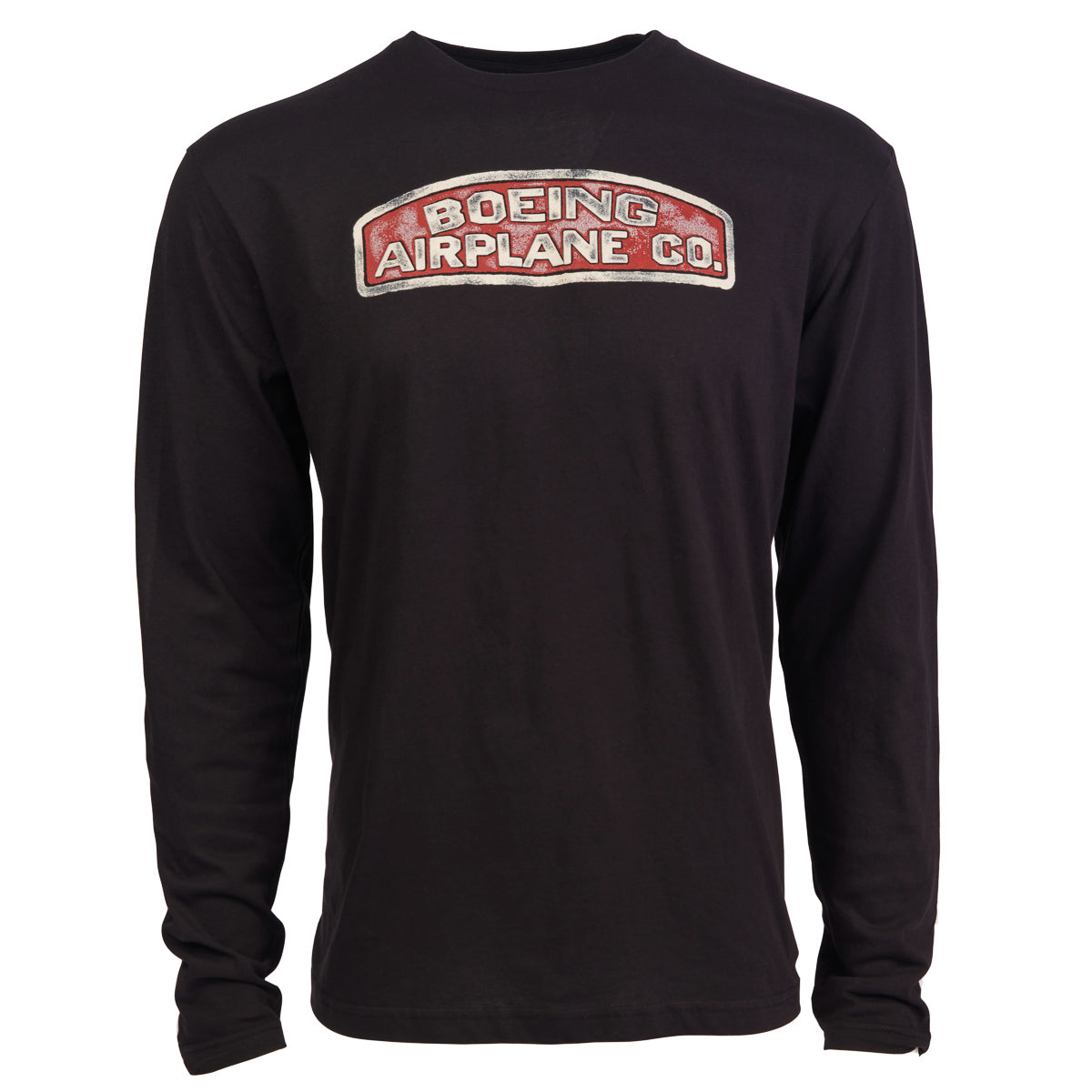 The Boeing Stores Heritage Mens Long Sleeve T-Shirt features a vintage Boeing Airplane Co. logo on premium black fabric. A distressed background amplifies the timeless white and red text, creating a stylish vintage look.