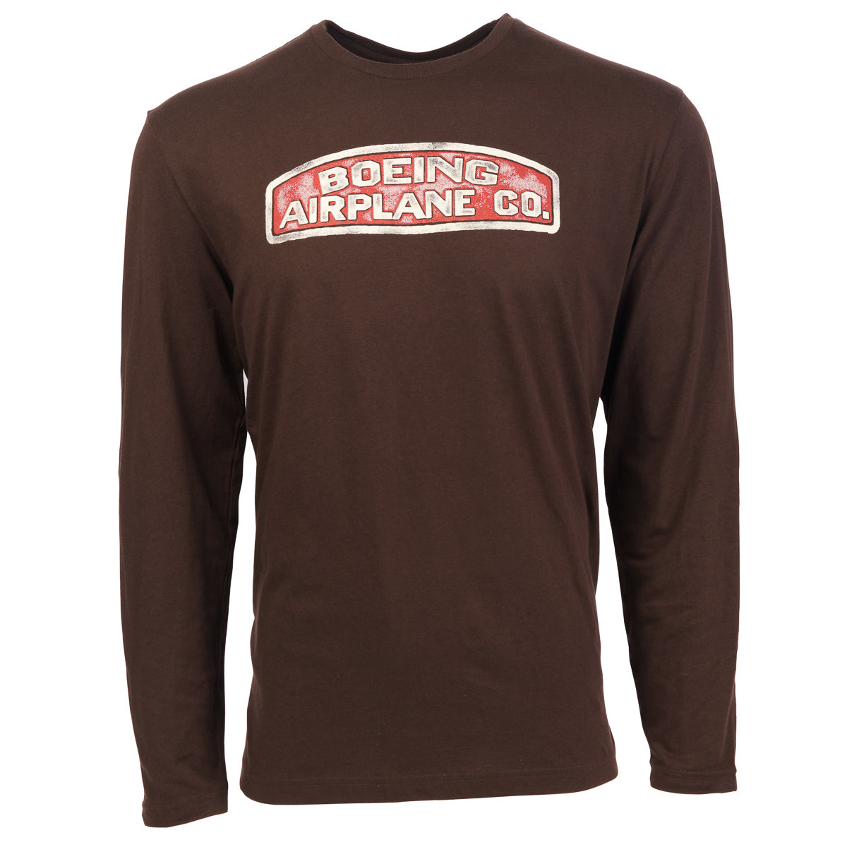 The Boeing Stores Boeing Airplane Co. Heritage Mens Long Sleeve T-Shirt showcases a vintage graphic of the company in bold white and red across the chest.
