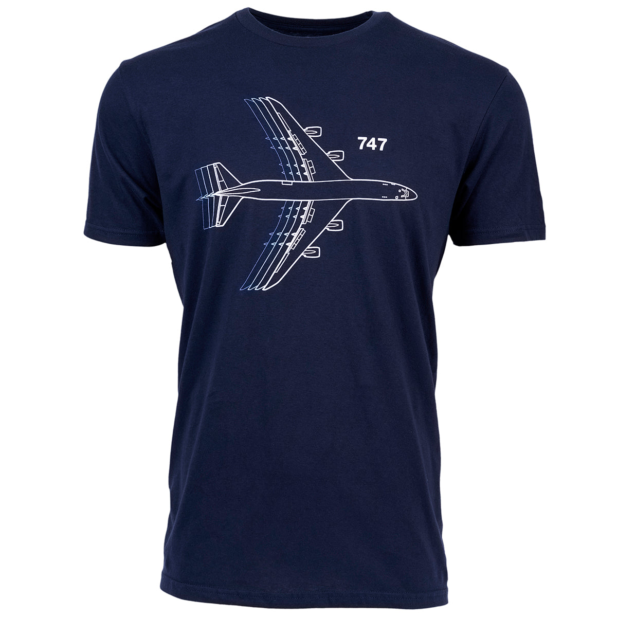 The Boeing Store offers a navy modern fit T-shirt with a sleek white outline of an airplane from above, labeled 747, called the Boeing 747 Motion Unisex T-Shirt.