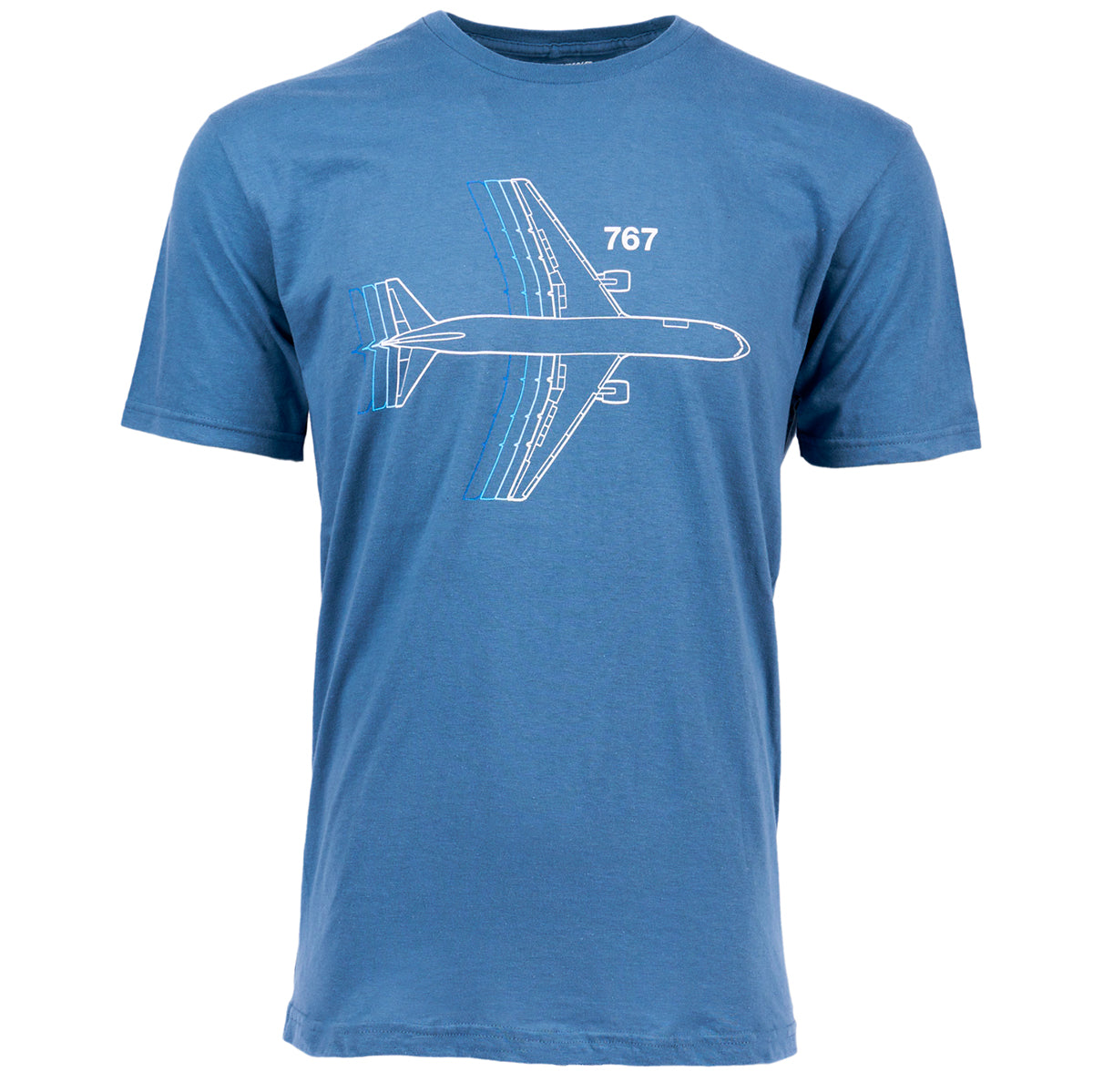The Boeing Stores blue Boeing 767 Motion Unisex T-Shirt features a sleek 767 graphic with a white airplane outline. Made from preshrunk cotton, it offers a modern fit for ultimate comfort and style.
