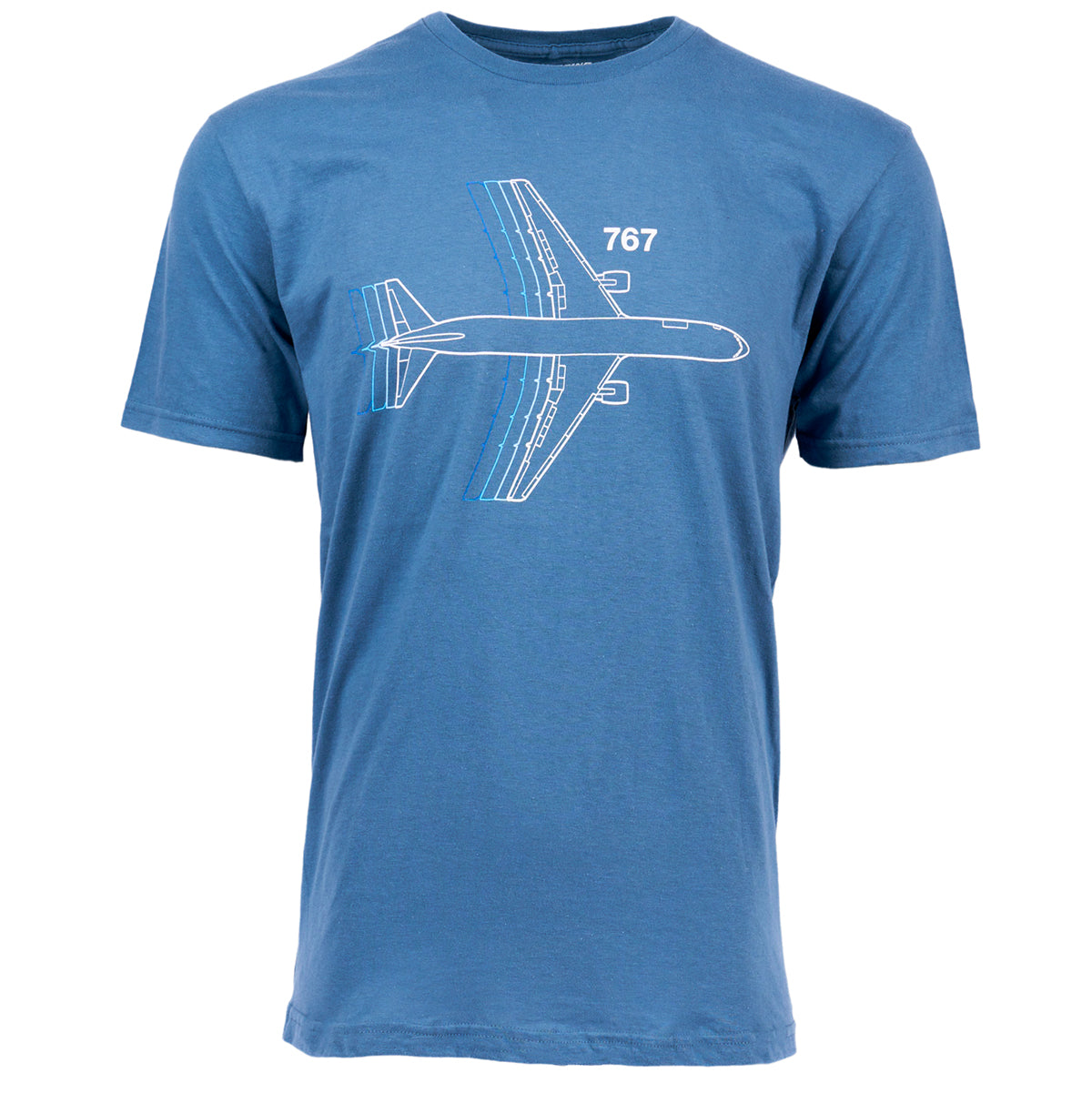 The Boeing Stores blue Boeing 767 Motion Unisex T-Shirt features a sleek 767 graphic with a white airplane outline. Made from preshrunk cotton, it offers a modern fit for ultimate comfort and style.