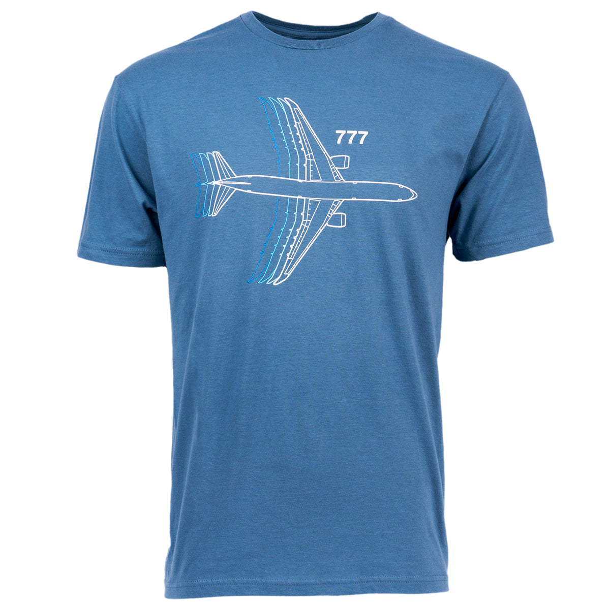 The Boeing Stores Boeing 777 Motion Unisex T-Shirt, crafted from preshrunk cotton, features a blue design with a white outlined airplane and the number 777. Blue lines trailing behind the plane add dynamic movement to this modern fit tee.