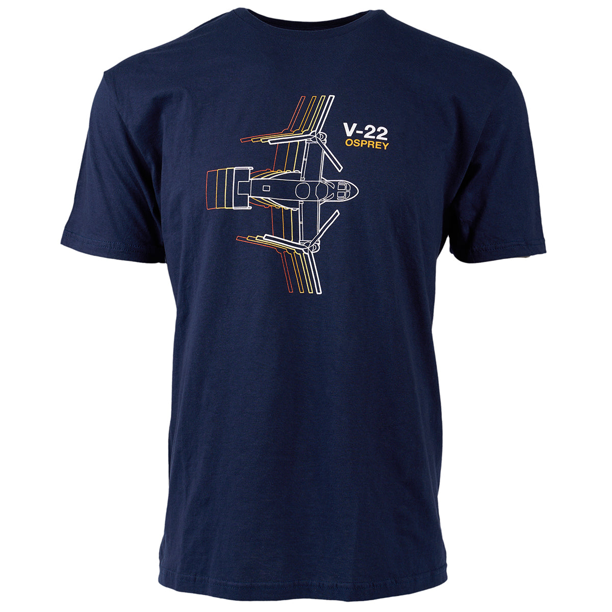 The Boeing Stores Boeing V-22 Osprey Motion Unisex T-Shirt is a navy blue tee with yellow and orange line art of the V-22 Osprey, “V-22 Osprey” on the chest, and a modern fit for everyday comfort.