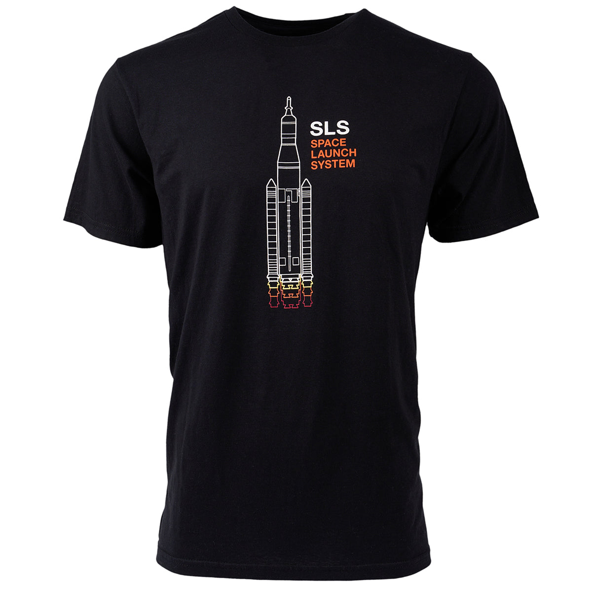The Boeing Stores black Boeing Space Launch System Motion Unisex T-Shirt, made from preshrunk cotton, features a line drawing of a rocket with SLS Space Launch System in white and orange on the upper right and offers a modern fit for style and comfort.