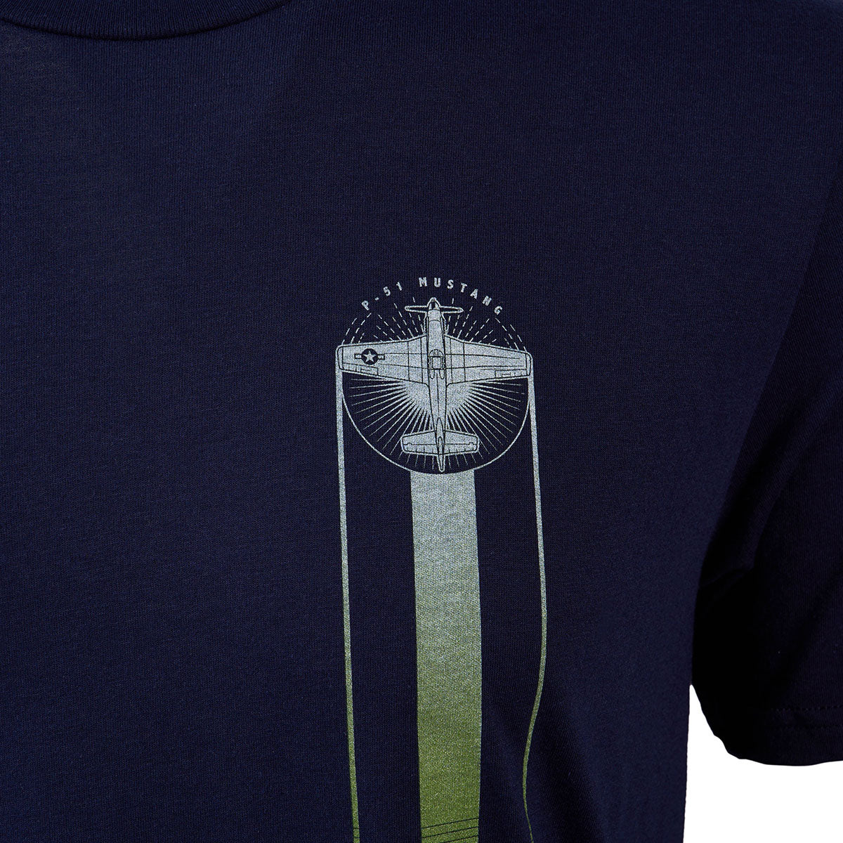 A close-up of The Boeing Stores navy blue Boeing P-51 Mustang Heritage Unisex T-Shirt shows a sustainable material with a light green graphic of the plane and its name in a circular emblem.