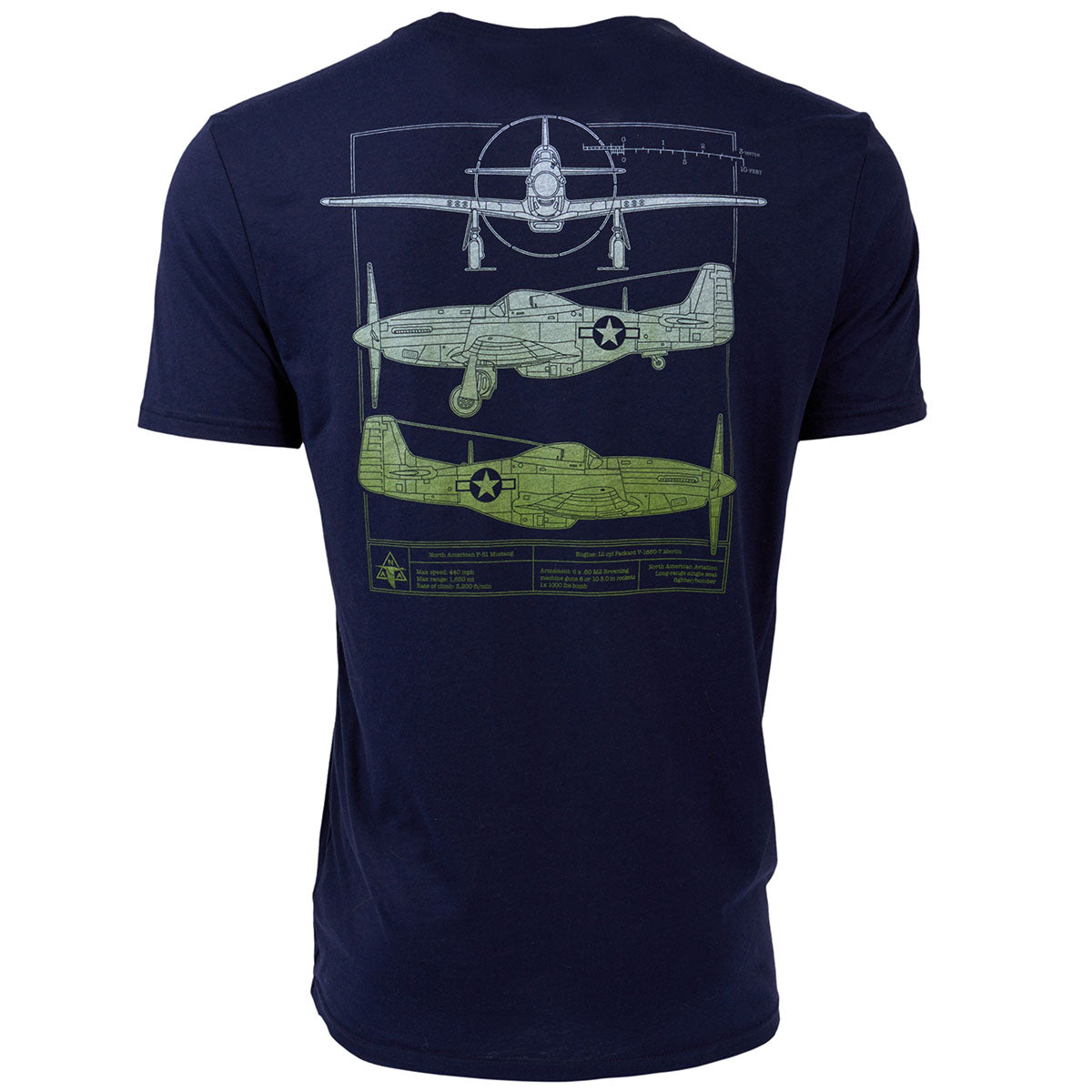 The Boeing Stores Boeing P-51 Mustang Heritage Unisex T-Shirt in navy blue features a vintage aircraft blueprint design on the back, showcasing front, side, and top views with technical details. Its crafted from recycled polyester for sustainable style.
