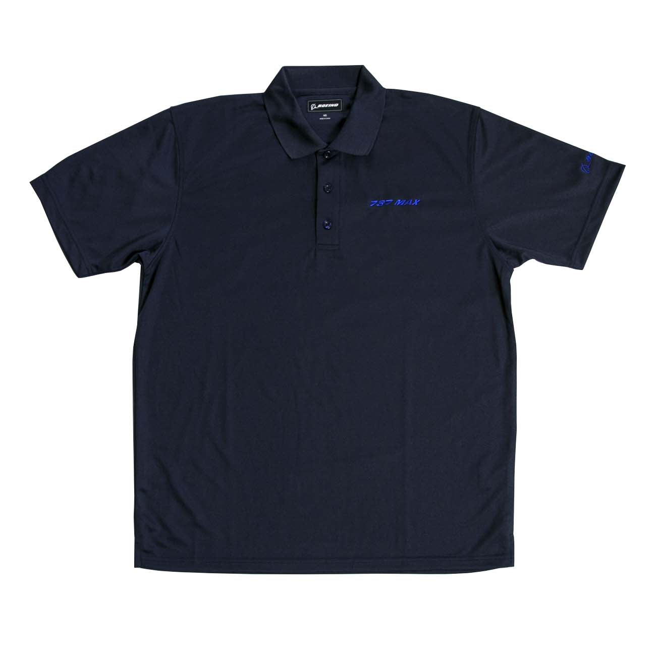 The Boeing Stores Boeing 737 MAX Polo: a black, moisture-wicking shirt with a collar and short sleeves, features three buttons and skillful white and blue embroidery on the left chest and right sleeve. Ideal for sunny days with its built-in UV protection.