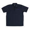 The Boeing Stores Boeing 737 MAX Polo: a black, moisture-wicking shirt with a collar and short sleeves, features three buttons and skillful white and blue embroidery on the left chest and right sleeve. Ideal for sunny days with its built-in UV protection.