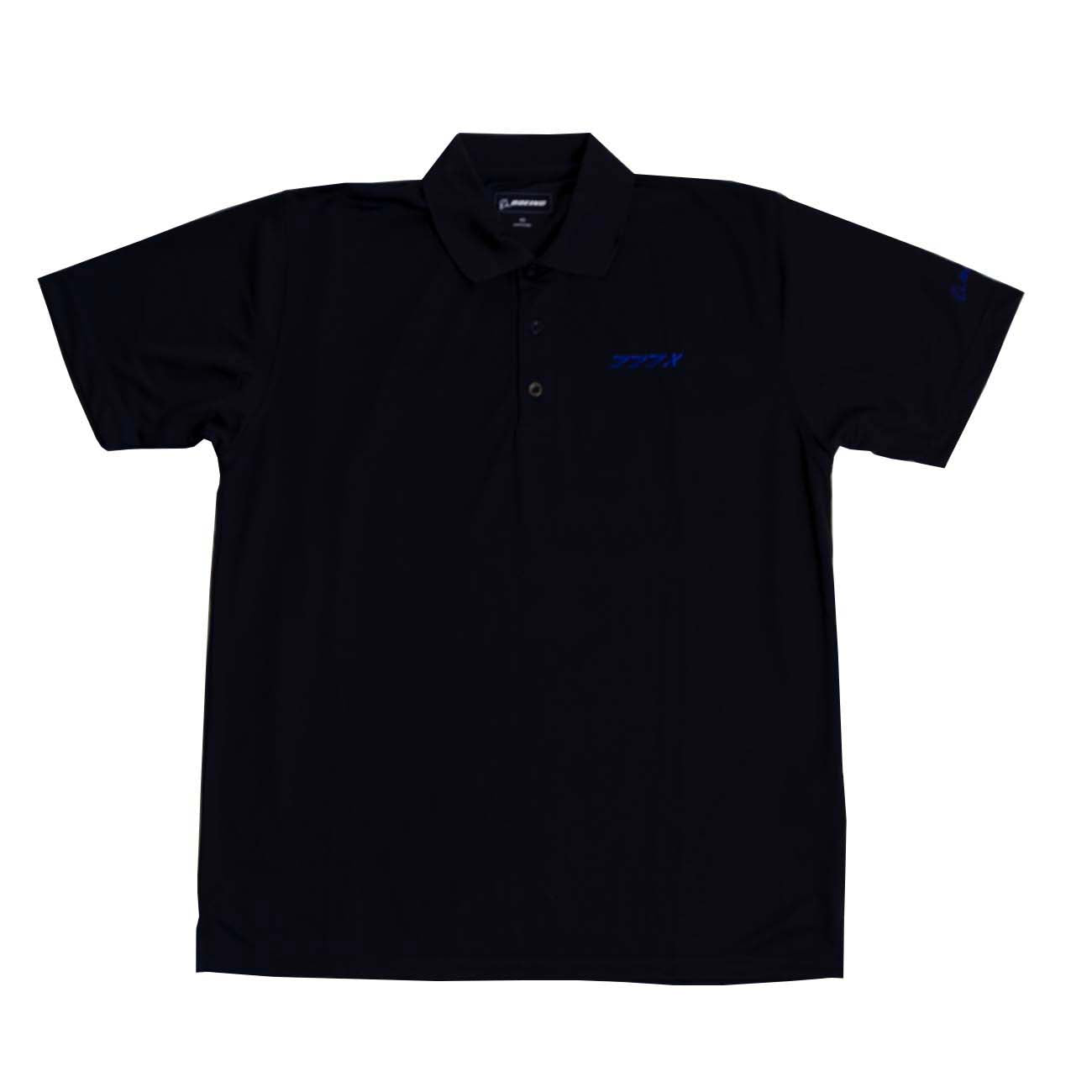 The Boeing Stores Boeing 777X Polo is a black, short-sleeved shirt featuring moisture-wicking fabric, UV protection, a buttoned collar, and a subtle chest logo.