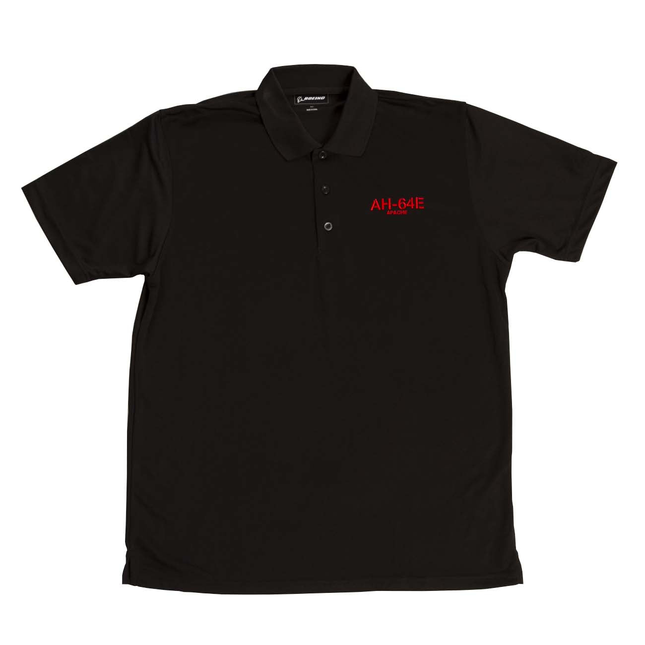 The Boeing Stores Boeing AH-64 Polo is a black short-sleeve, collared shirt with red AH-64E text on the left chest. Its moisture-wicking and UV-protective, providing comfort and style for Boeing program participants or anyone who appreciates high-performance apparel.