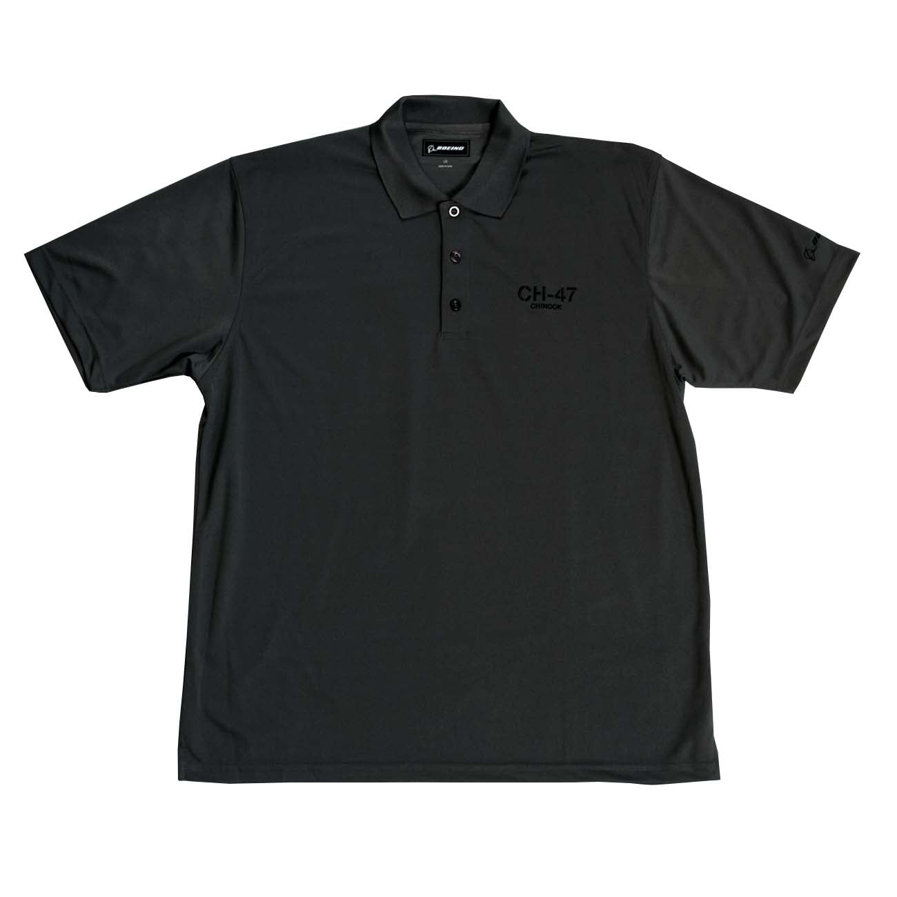 The Boeing Stores black moisture-wicking Boeing CH-47 Polo includes a collar, three buttons, UV protection, and a subtle embroidered CH-47 on the left chest to showcase Boeings iconic design.