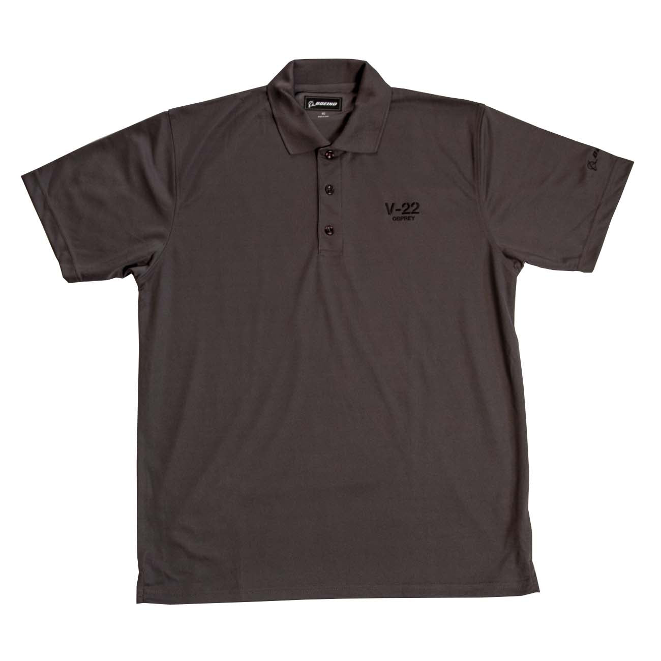 The Boeing Stores Boeing V-22 Polo in dark gray features a collar, three buttons, UV protection, and moisture-wicking fabric. The left chest showcases a subtle Boeing logo on a white background for a sleek look.