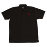 The Boeing Stores black Boeing F-15 Polo, featuring moisture-wicking fabric, a collar, and three buttons, displays F-15 Eagle in red text on the left chest.
