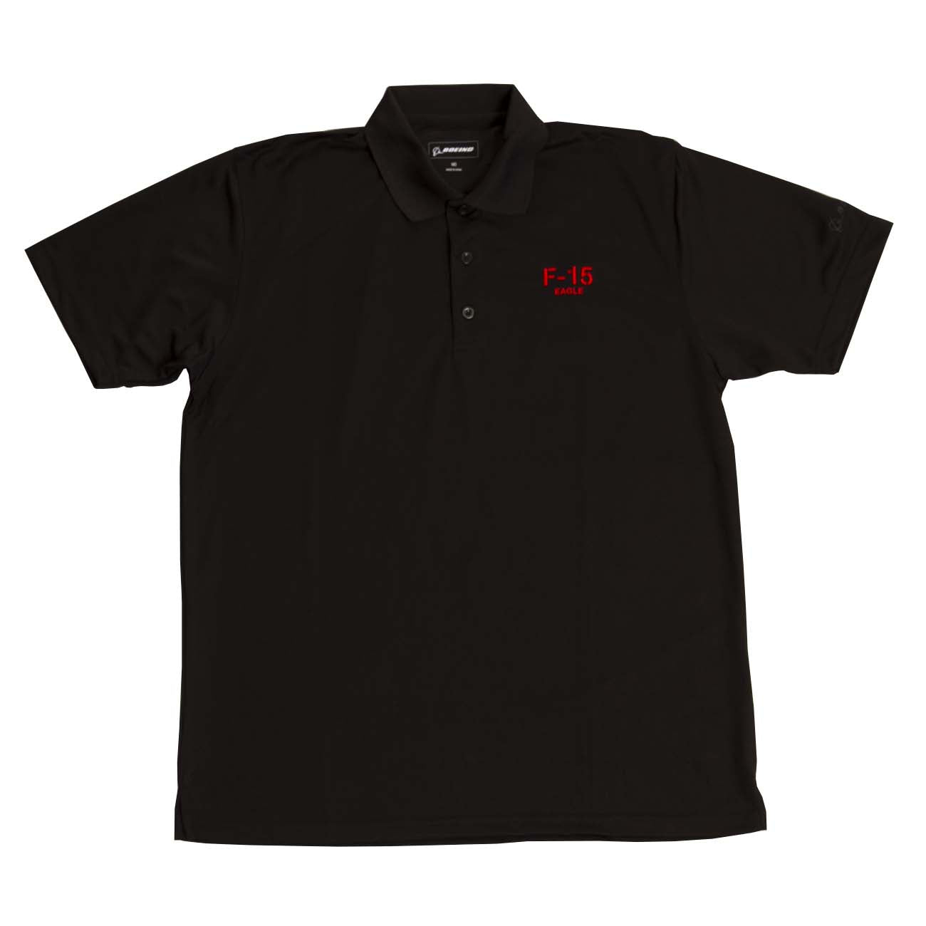 The Boeing Stores black Boeing F-15 Polo, featuring moisture-wicking fabric, a collar, and three buttons, displays F-15 Eagle in red text on the left chest.