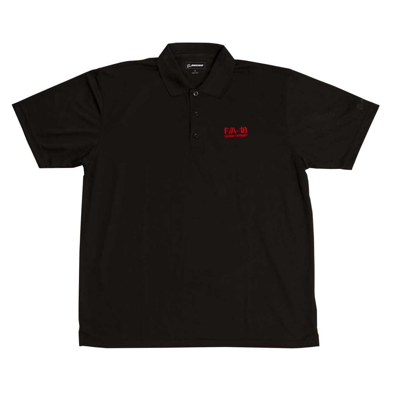 The Boeing Stores F/A-18 Polo is a black short-sleeve classic with a collar, buttons, and moisture-wicking fabric. It features a small red FIA 18 logo on the left chest with additional text resting against a white background for subtle flair.