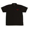 The Boeing Stores F/A-18 Polo is a black short-sleeve classic with a collar, buttons, and moisture-wicking fabric. It features a small red FIA 18 logo on the left chest with additional text resting against a white background for subtle flair.