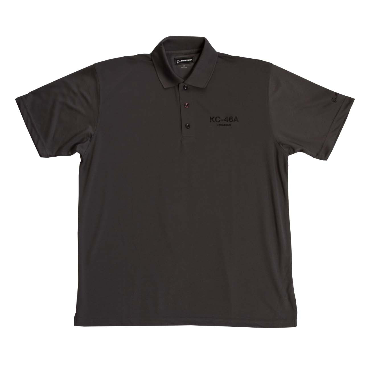 The Boeing Stores dark gray KC-46 Polo has a collar, three buttons, and KC-46A on the left chest. Its design is simple yet sleek, featuring moisture-wicking properties for all-day comfort.