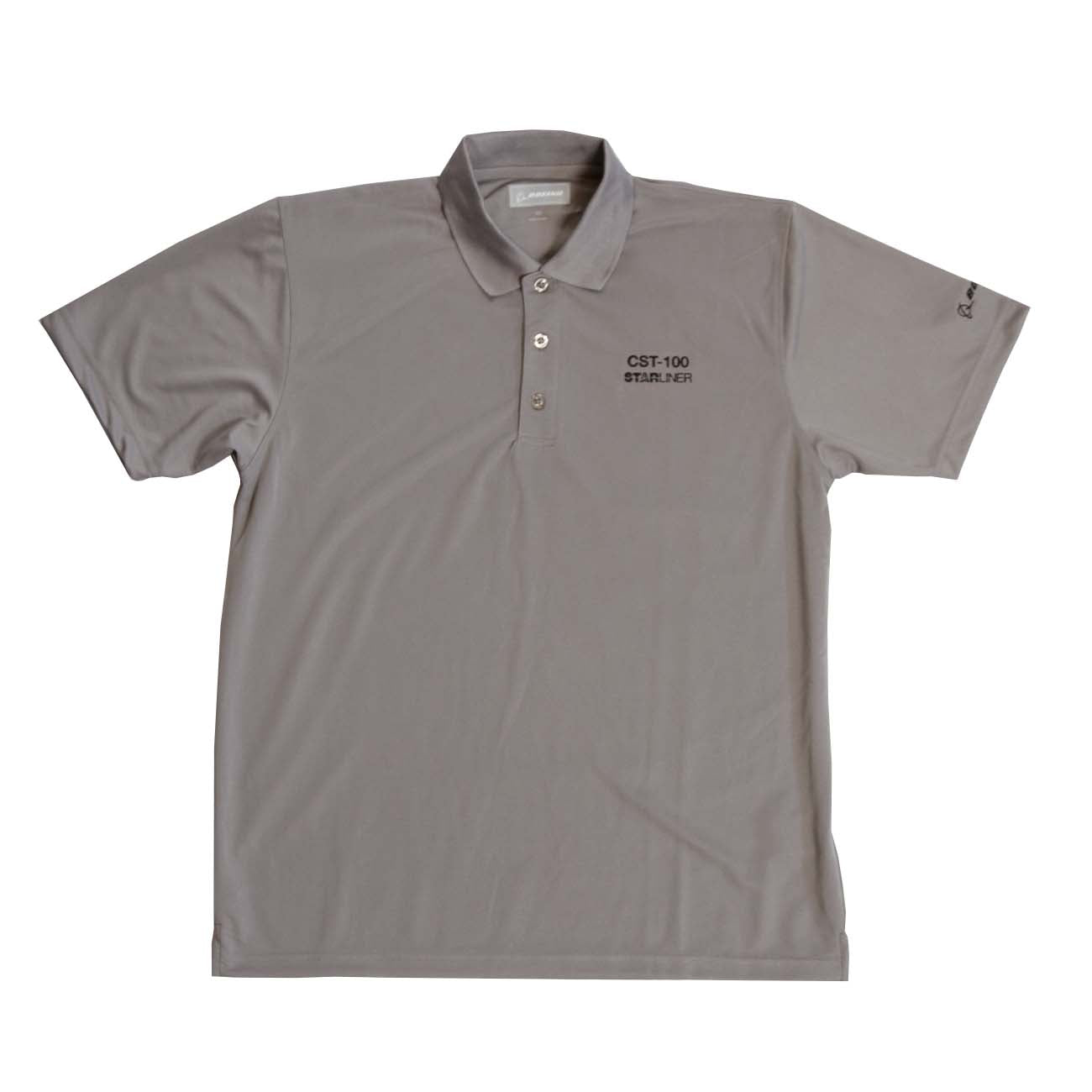 The Boeing Stores Starliner CST-100 Polo is a gray, moisture-wicking shirt with short sleeves, three buttons, UV protection, and features a CST-100 STARLINER logo on the left chest and a Boeing logo on the left sleeve.