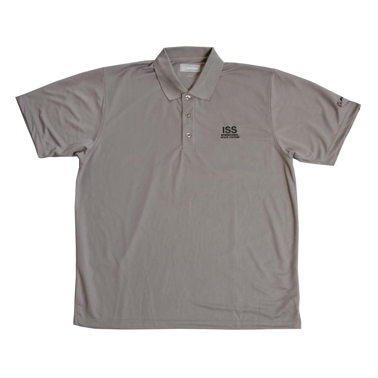The Boeing ISS Polo from The Boeing Store is a moisture-wicking gray shirt with a classic collar and three buttons. It has ISS embroidered in black with since 1995 on the left chest, UV protection, and a small logo on the right sleeve.