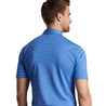 Back side of the sapphire blue polo with white stripes on a male model. 