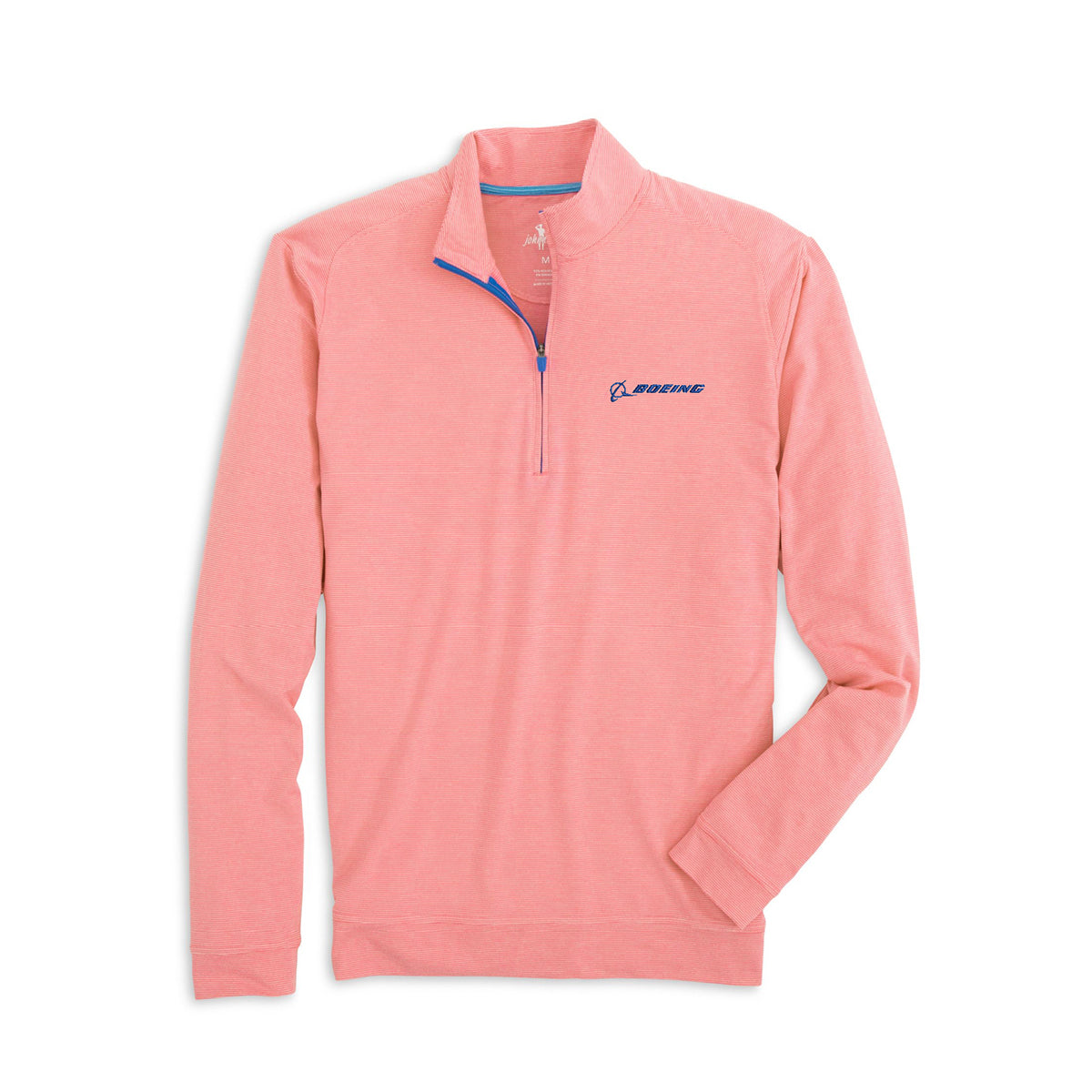 The Boeing Store presents the johnnie-O Mens Vaughn Striped Quarter-Zip Pullover in coral pink, featuring a blue zipper, Boeing logo on the left chest, lightweight design, subtle tonal stripes, and a slightly raised collar for an elegant yet casual look.