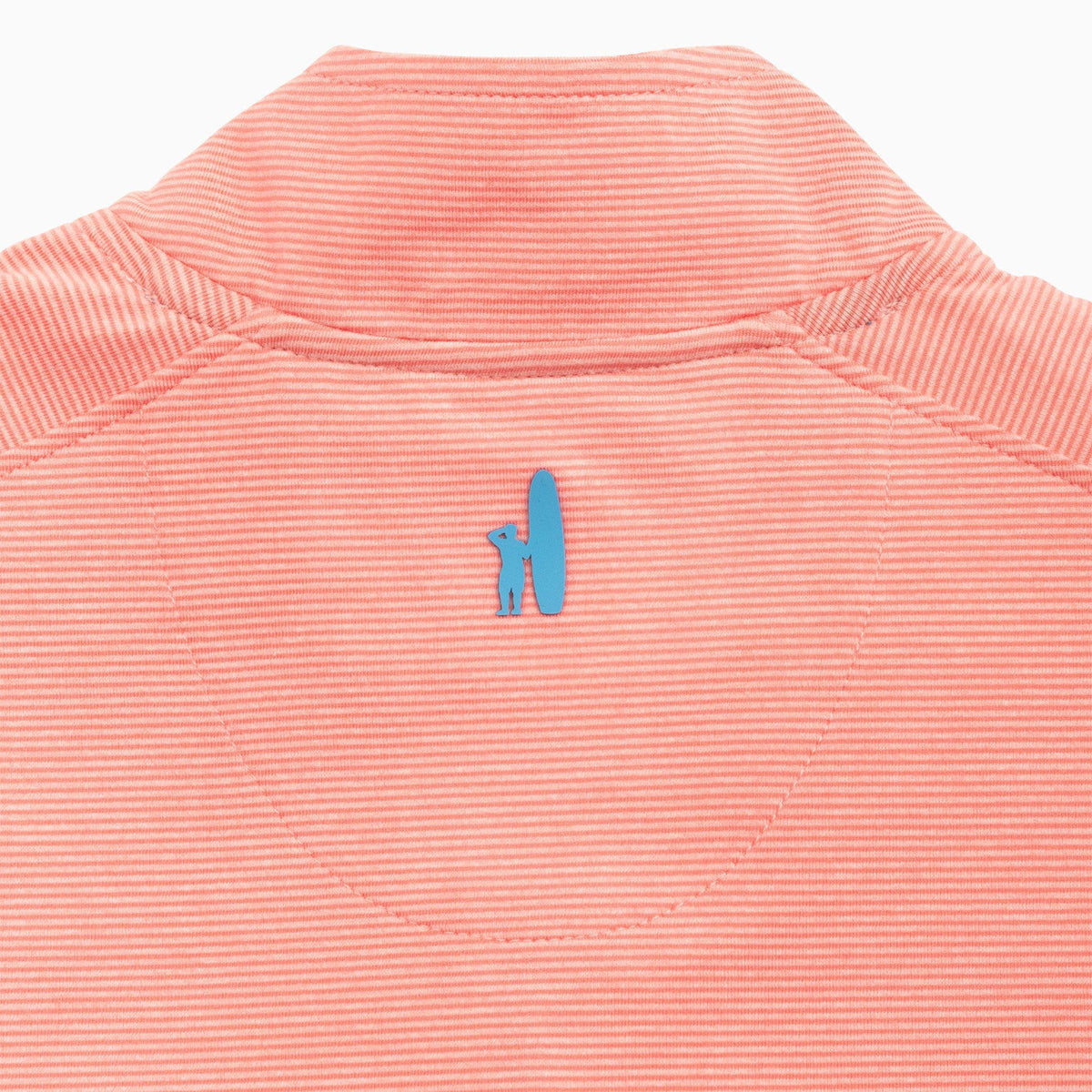 A close-up shows the back of a peach-hued, striped johnnie-O Vaughn Quarter-Zip Pullover from The Boeing Store, adorned with a small blue logo depicting a kneeling person beside a dog silhouette.