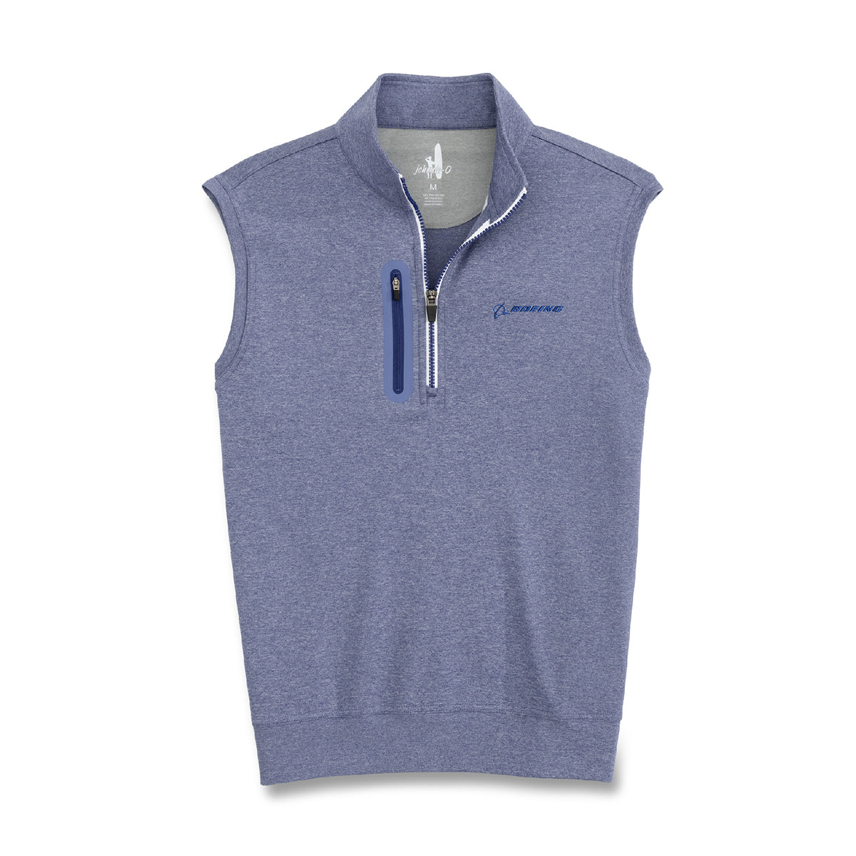 The Boeing Stores johnnie-O Mens Denny Prep Performance Quarter-Zip Vest in blue offers casual style with a half-zip, small zippered chest pocket, moisture-wicking fabric, 4-way stretch, embroidered logo on the chest, and ribbed hem and collar edges.