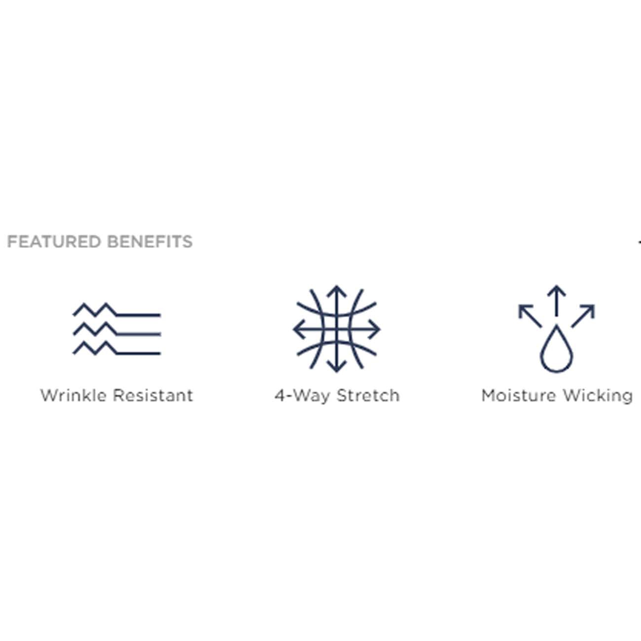 The johnnie-O Boeing Mens Denny Prep Performance Quarter-Zip Vest from The Boeing Store features icons for wrinkle-resistance (wavy lines), 4-way stretch (outward arrows), and moisture-wicking (upward arrows from a droplet). Ideal for golfers.