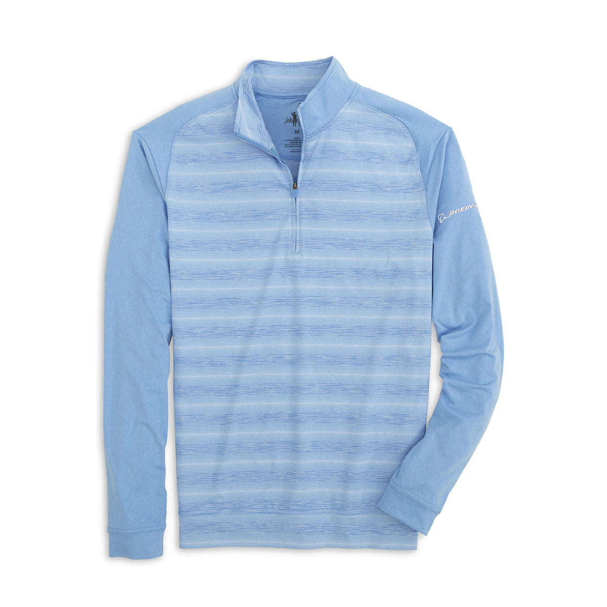 The Boeing Stores johnnie-O Mens Bert Quarter-Zip Pullover features an ultra-lightweight design with a light blue body adorned with subtle horizontal stripes, solid sleeves, moisture-wicking technology, and Champion embroidery near the left shoulder.
