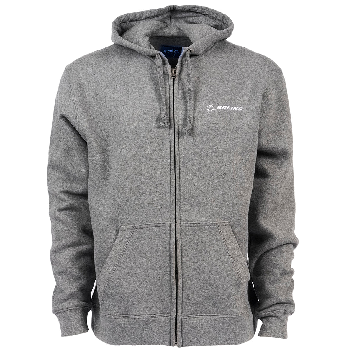 The Boeing Signature Logo Full-Zip Hoodie from The Boeing Store is a stylish grey full-zip hoodie featuring convenient pockets, drawstrings, a comfy jersey-lined hood, and the Boeing logo embroidered on the left chest, all set against a plain white background.