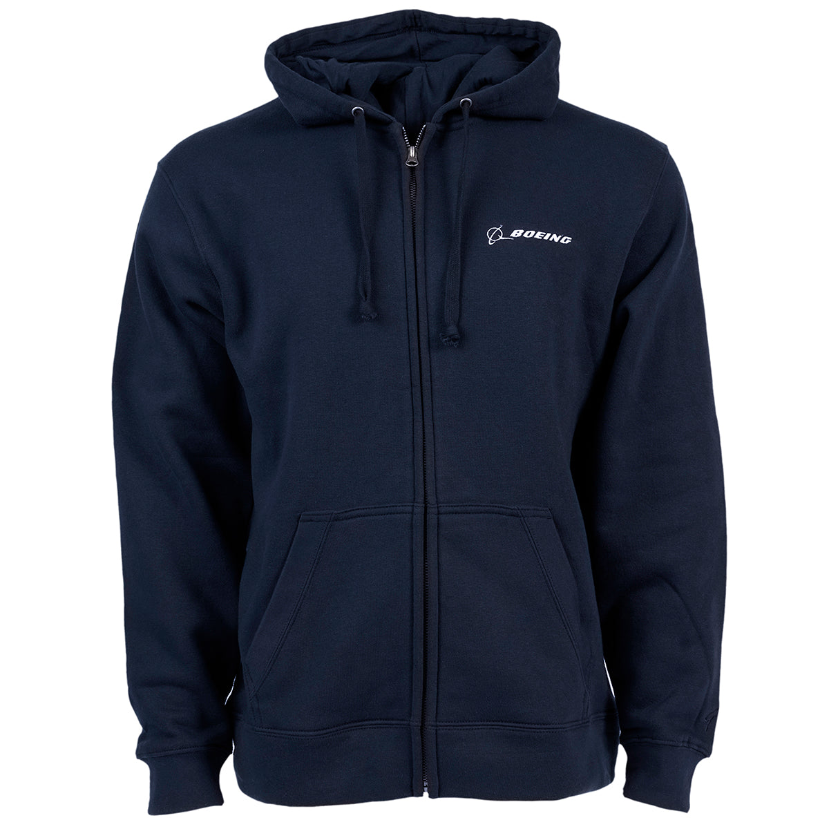 The Boeing Stores navy Boeing Signature Logo Full-Zip Hoodie features a signature logo on the chest, drawstring hood, and two front pockets—perfect for everyday wear.