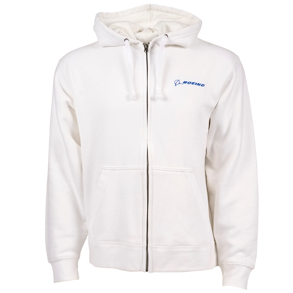 The Boeing Stores Boeing Signature Logo Full-Zip Hoodie features a white jersey-lined hood with drawstrings, blue logo embroidery on the left chest, two front pockets, and a casual style.