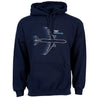 Boeing 787 Dreamliner motion graphic on a navy color hooded sweatshirt.