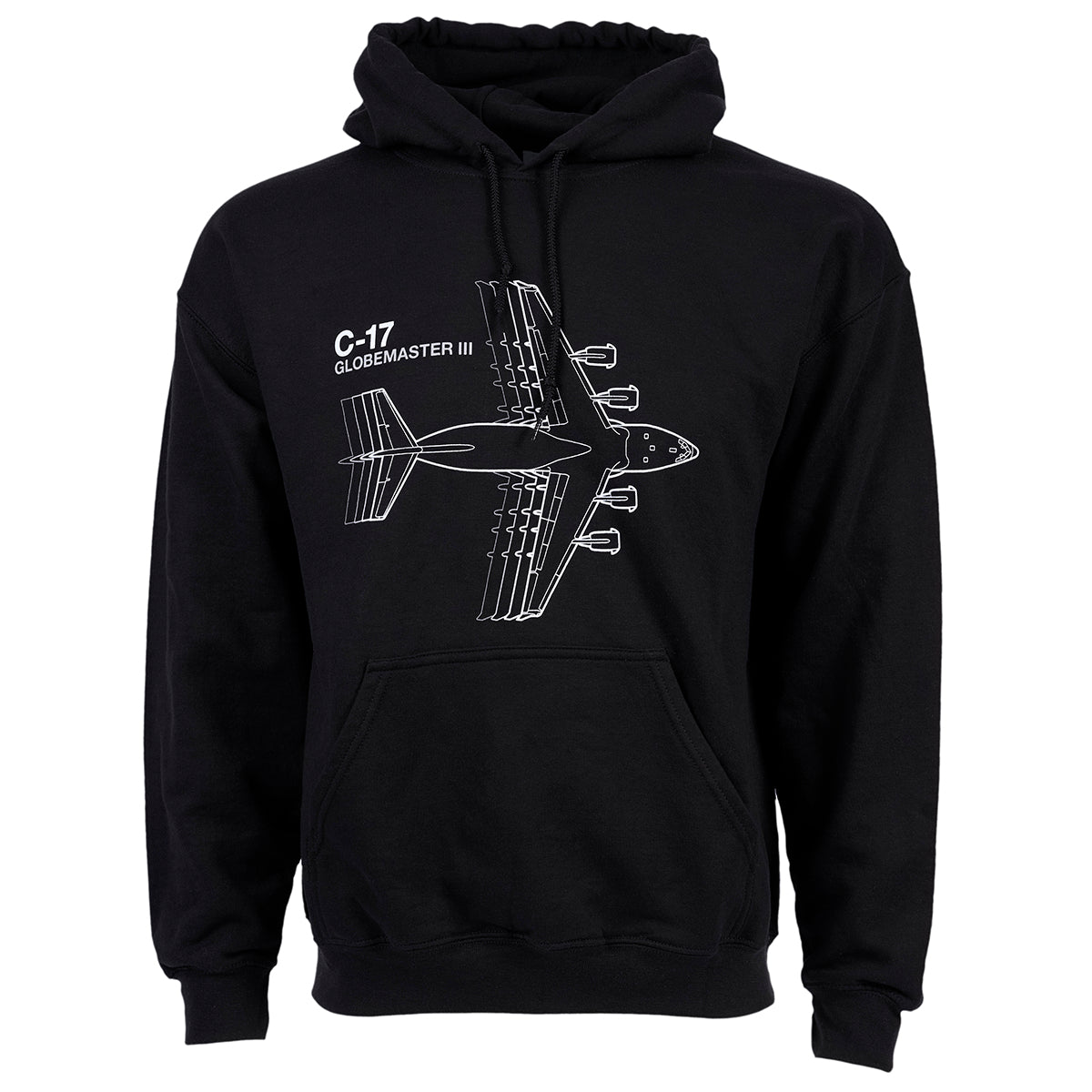 The Boeing Store’s Boeing C-17 Globemaster Motion Unisex Hoodie is black, fleece-lined, and features a white line drawing of a C-17 Globemaster III from above with the aircraft’s name beside the illustration.