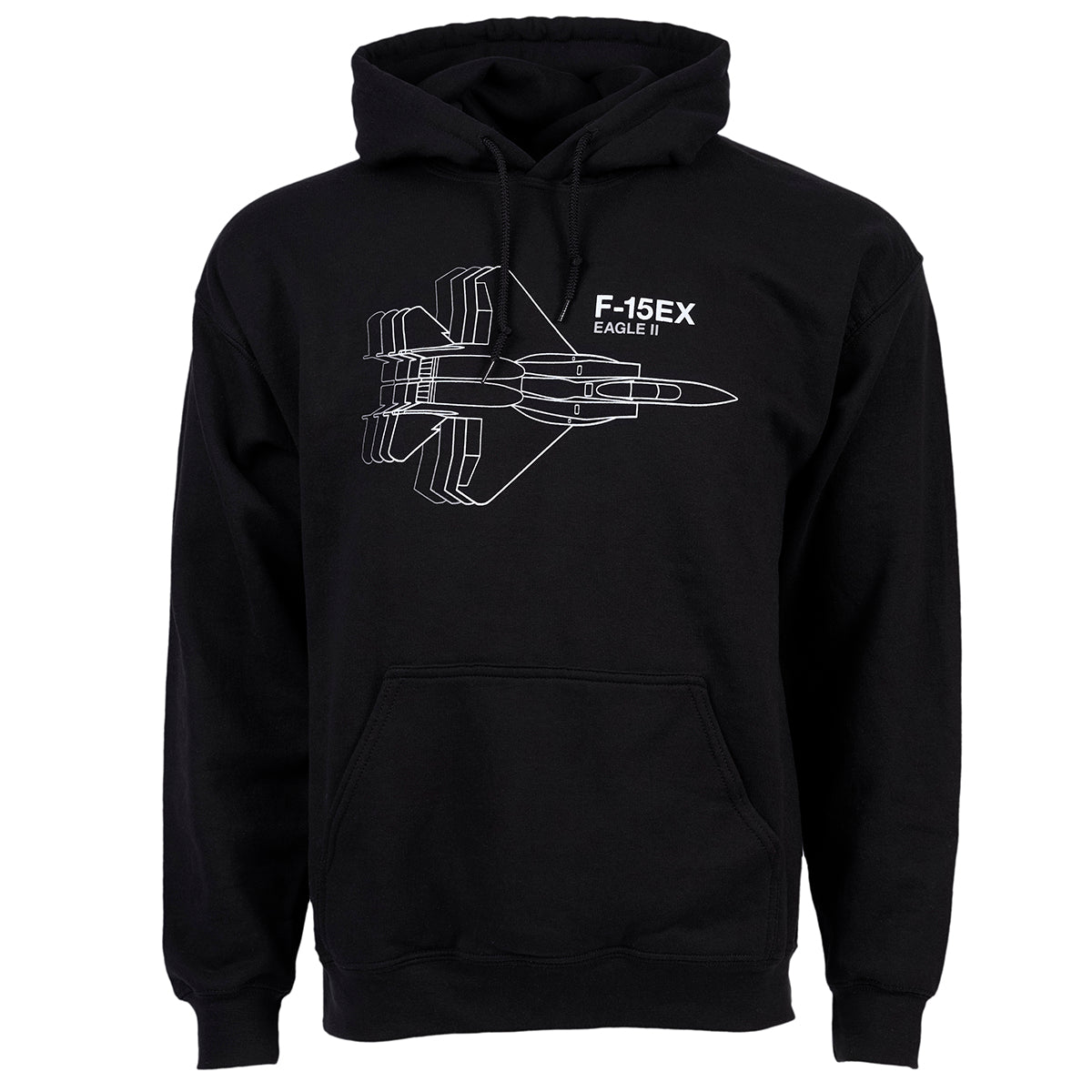 The Boeing F-15EX Motion Unisex Hoodie from The Boeing Store features a fleece lining and a white F-15EX Eagle II graphic on the front, offering comfort and style for aviation fans.