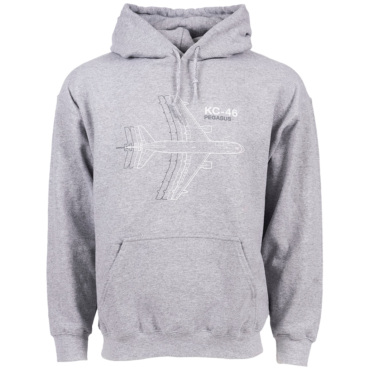 The Boeing Stores Boeing KC-46 Pegasus Motion Unisex Hoodie offers fleece-lined comfort. It showcases a line drawing of the KC-46 Pegasus aircraft with KC-46 and PEGASUS text above it.