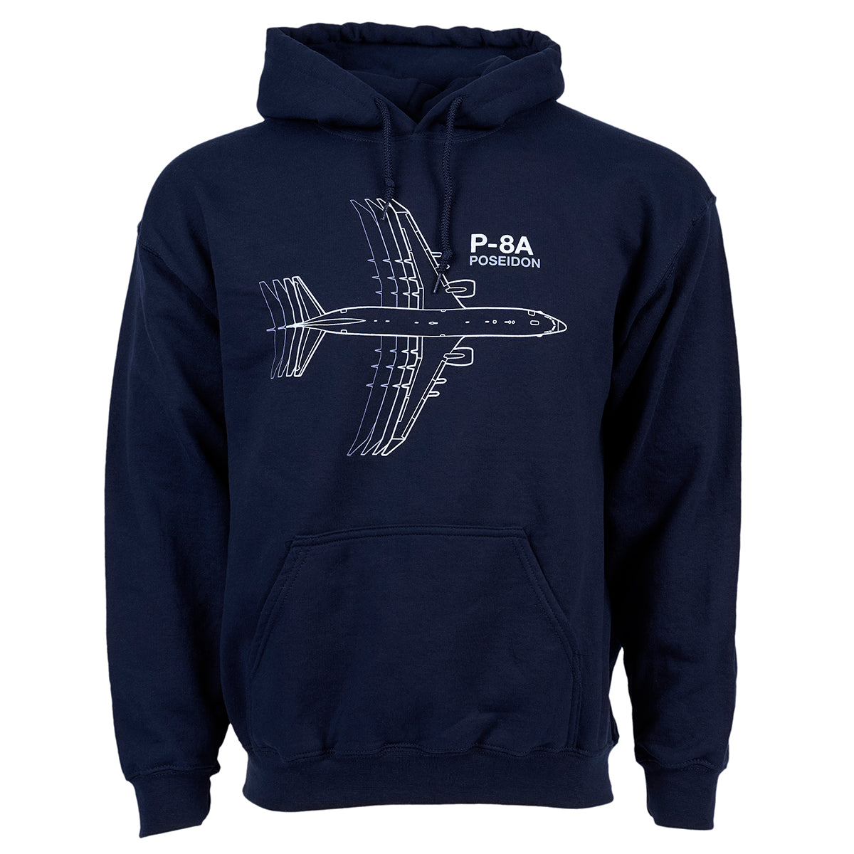 The Boeing Stores Boeing P-8A Poseidon Motion Unisex Hoodie, in navy blue, features a fleece-lined interior for warmth and a front pocket. The hoodie displays a white line drawing of the P-8A Poseidon airplane in top view, combining style and comfort seamlessly.